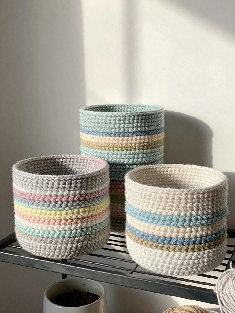 Three handmade crocheted baskets in pastel and neutral stripes sit on a black shelf next to yarn balls and a plant pot.