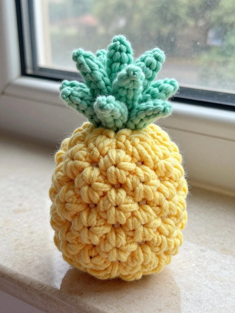 A small crocheted pineapple plush in yellow with a mint green leafy top sits on a marble windowsill near a window with greenery outside.