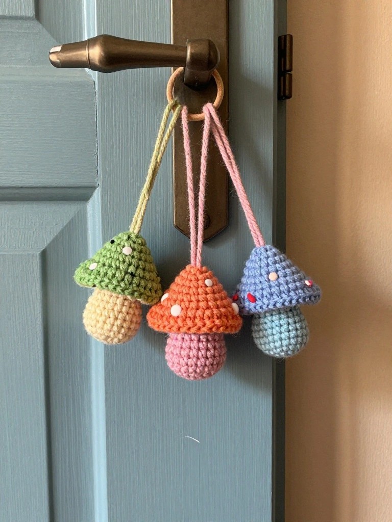 Three crocheted mushrooms in green, orange, and blue hang by strings from a brass door handle on a blue door, showing textured yarn stitches and fun details like polka dots and a heart.