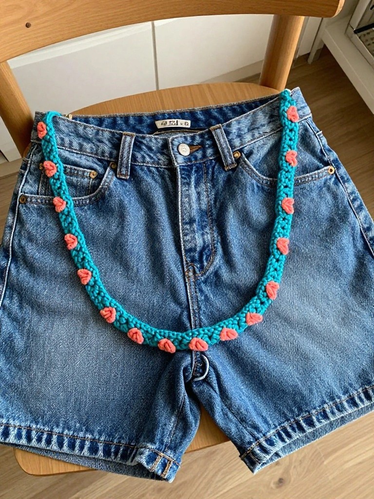 High-waisted blue denim shorts draped over a chair with a teal crocheted chain strung with pink heart beads across the waistband.
