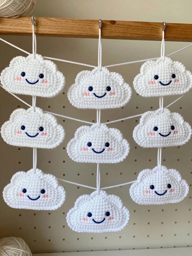 Handmade white crochet clouds with smiling faces hanging in rows from strings on a wooden rail, with yarn balls nearby.