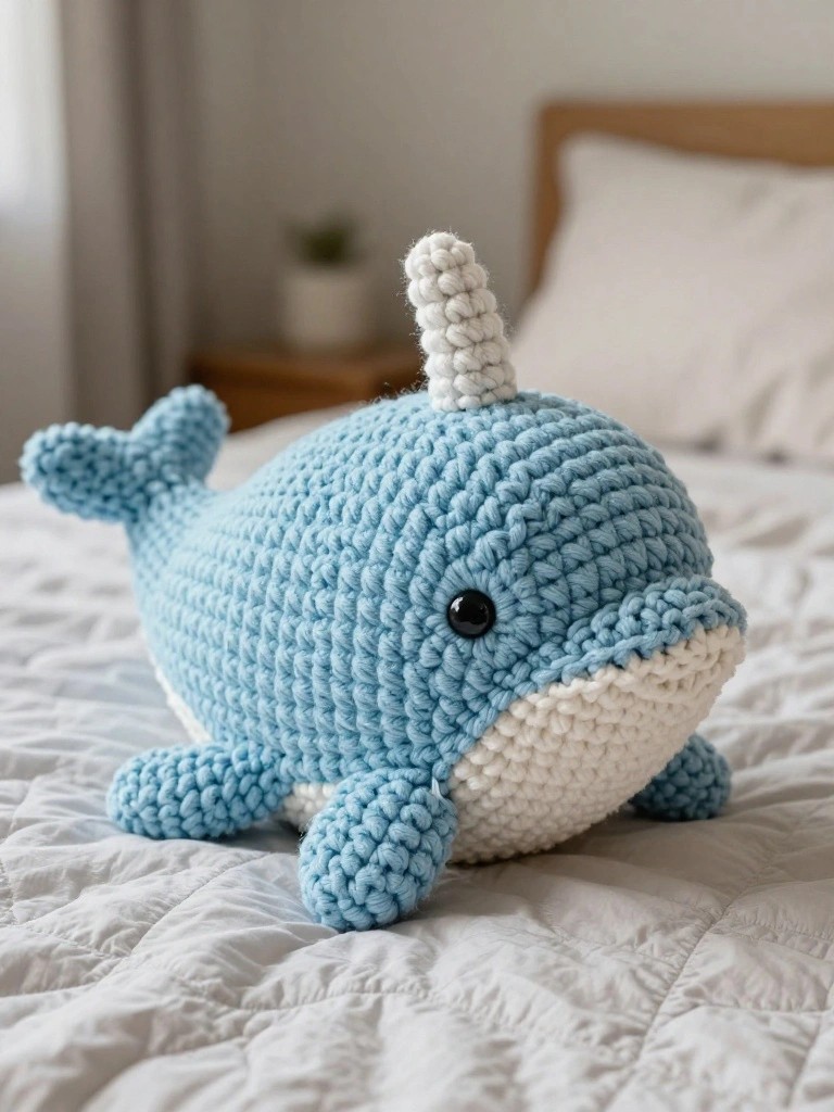Crocheted light blue narwhal plush toy with white belly, spiraled horn, and big black eyes, positioned on a white bedspread beside a wooden nightstand.