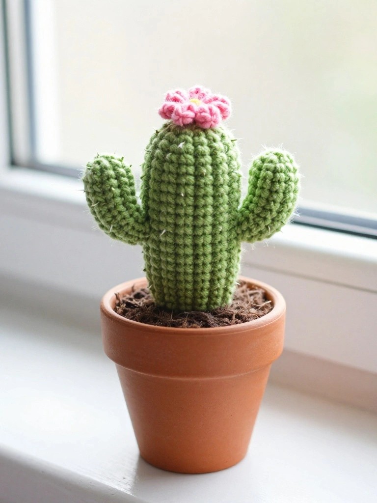 Small green crocheted cactus with textured stitches, outstretched arms, and a pink flower topper sits in a terracotta pot on a windowsill.