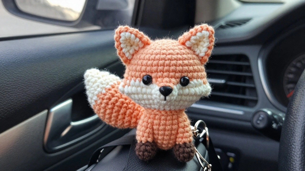A small crocheted orange fox plushie with white accents and big eyes dangles from a keychain clip on a car seat.