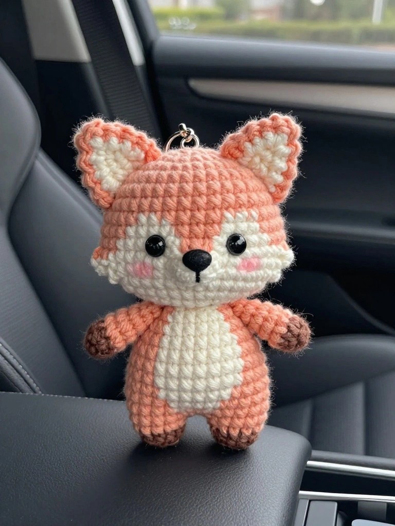 A small crocheted orange fox plushie with white accents and big eyes dangles from a keychain clip on a car seat.