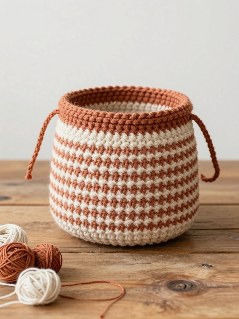 A handmade crocheted basket with rust and cream stripes sits on a wooden table next to matching yarn balls, featuring two looped handles on the sides.