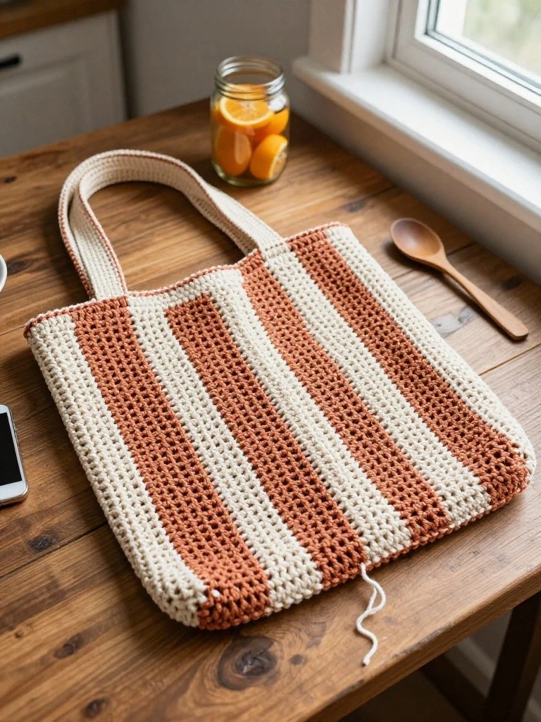 A handmade crocheted tote bag with rust and ivory stripes sits on a wooden kitchen table next to a jar of orange slices, wooden spoon, and smartphone.