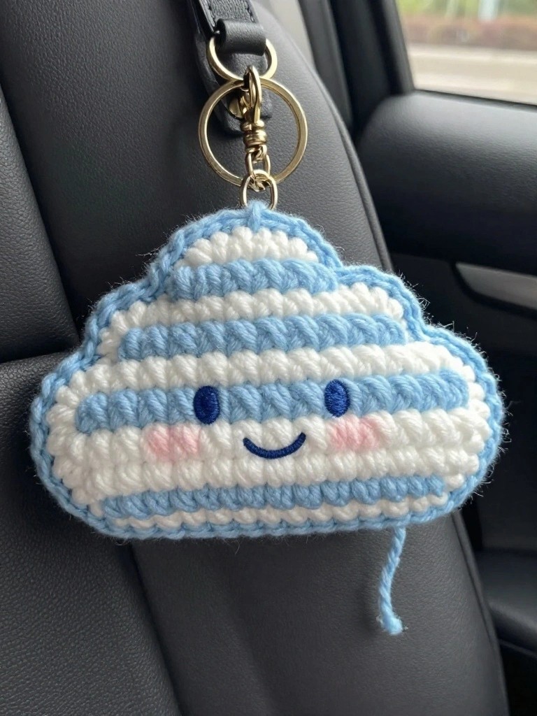 A crocheted blue and white striped cloud plushie with a smiling face hangs from a car rearview mirror on a gold chain and keyring.