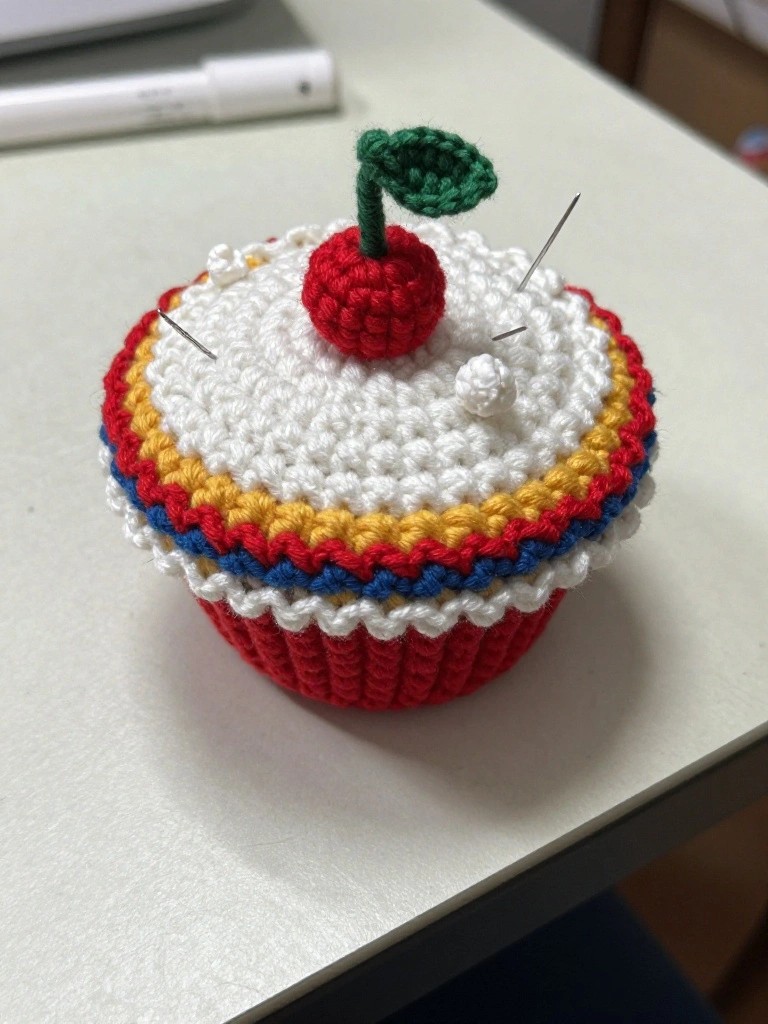 Crocheted red cupcake pincushion with white textured top, colorful edge stripes, red cherry and green leaf on top, and white-headed pins inserted, on a light wooden table.