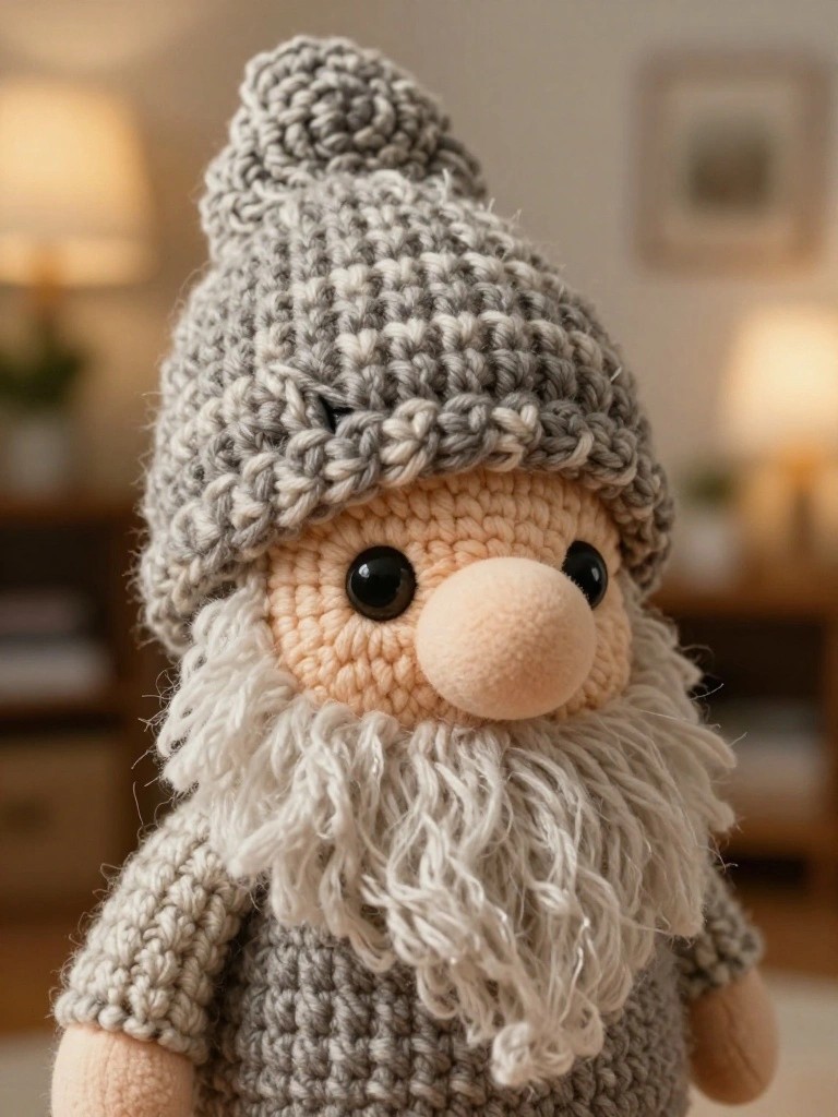Close-up of a handmade crocheted gnome doll in gray tones with a textured hat, fluffy white beard, big black eyes, and flesh-colored nose, posed on a wooden surface in a cozy room.