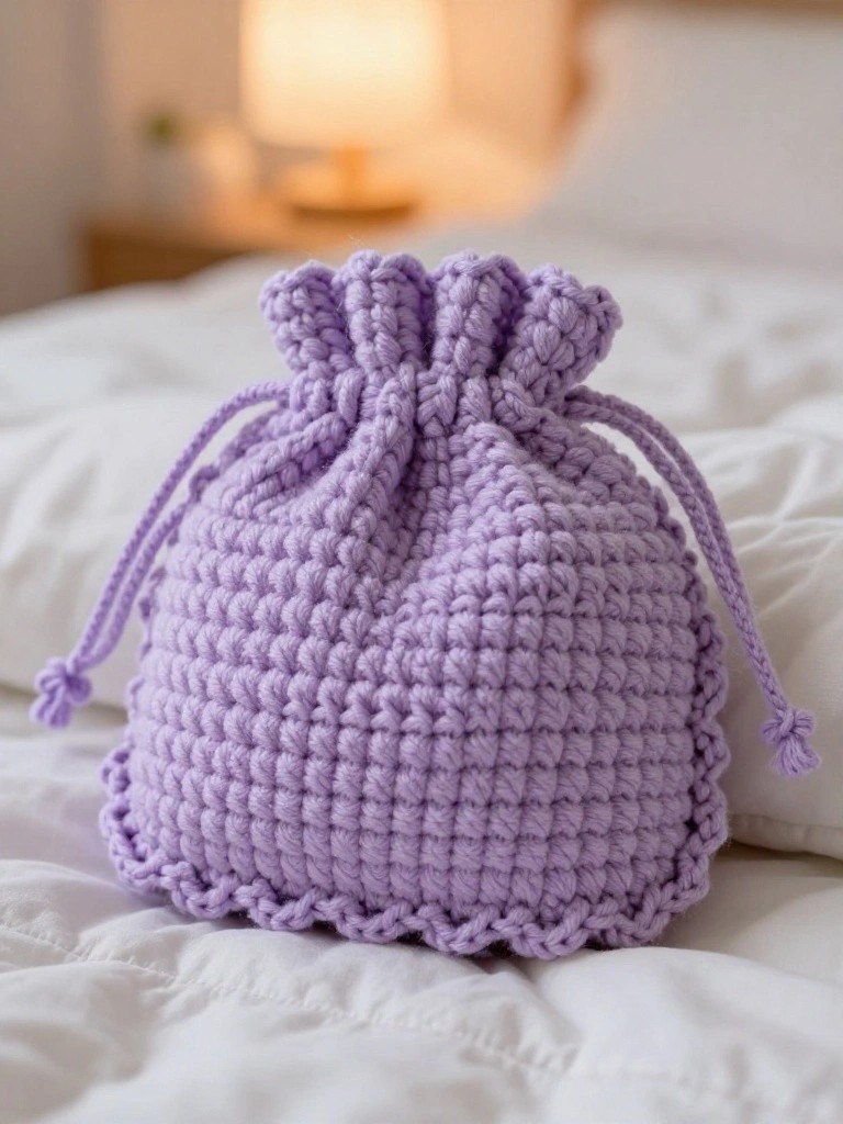 Handmade lavender crocheted drawstring pouch with scalloped edge and fringe cords on a white bed.