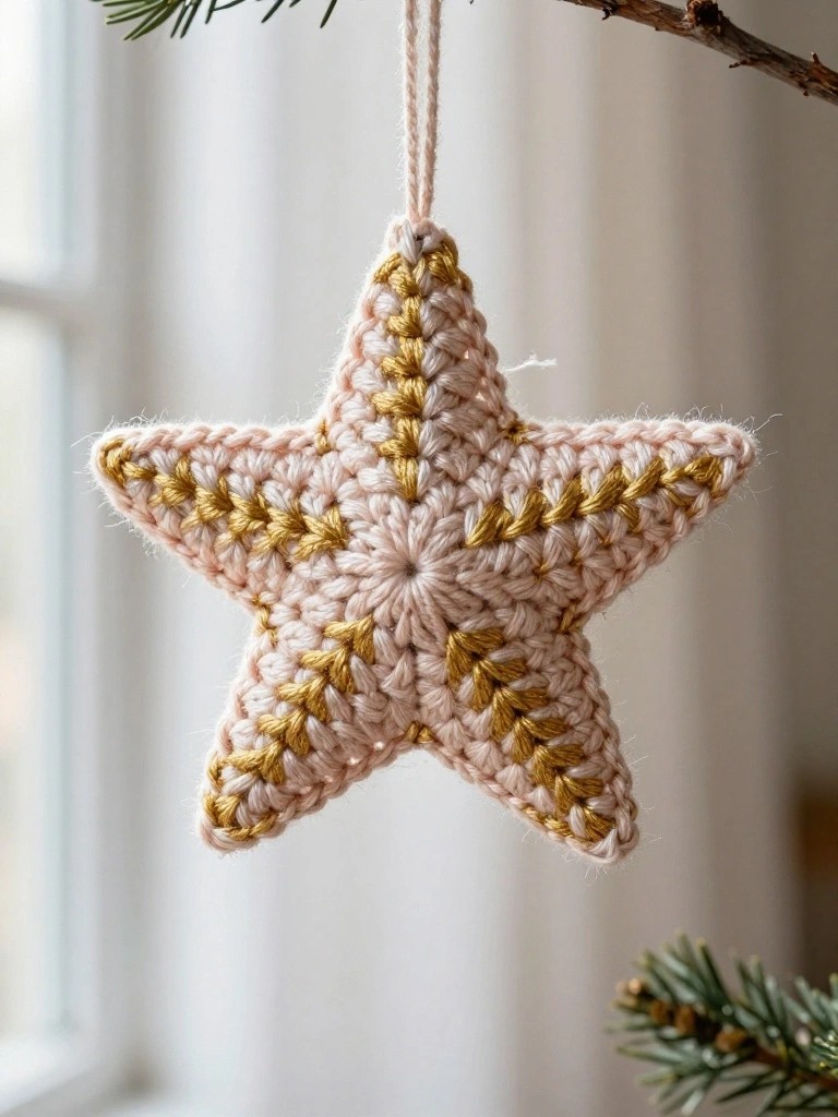 Crocheted pink star ornament with gold accents hanging from a Christmas tree branch against a window backdrop.