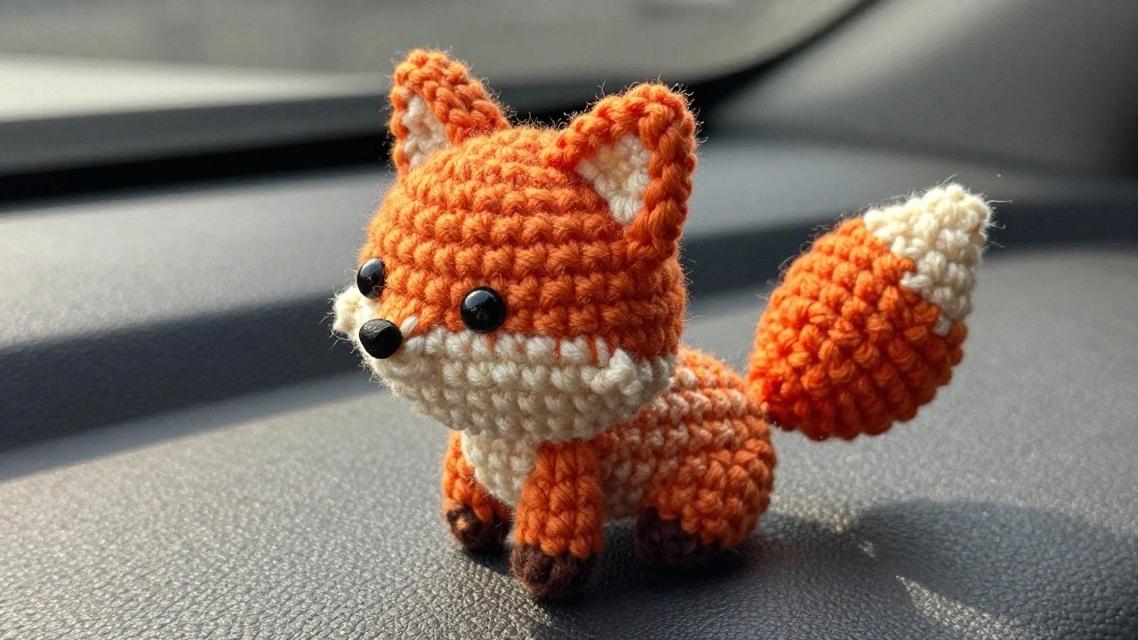 Handmade orange crocheted fox plush toy with white belly and muzzle, brown ear and paw accents, big eyes, and bushy tail on a neutral background.
