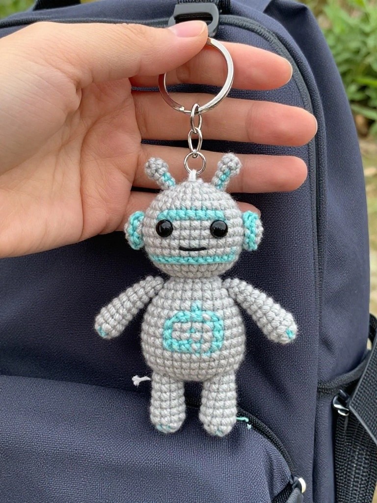 A hand holds a small gray crocheted robot keychain with teal accents and antennae against a dark blue backpack in an outdoor setting.