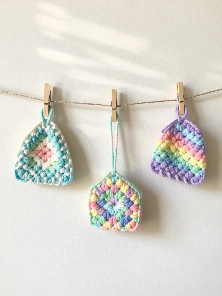 Four small multicolored crocheted triangles and a hexagon with hanging loops, clipped to a twine line with wooden clothespins on a white wall.