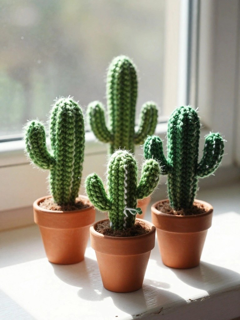 Four fuzzy green crocheted cacti in small terracotta pots arranged in a row on a sunlit windowsill.