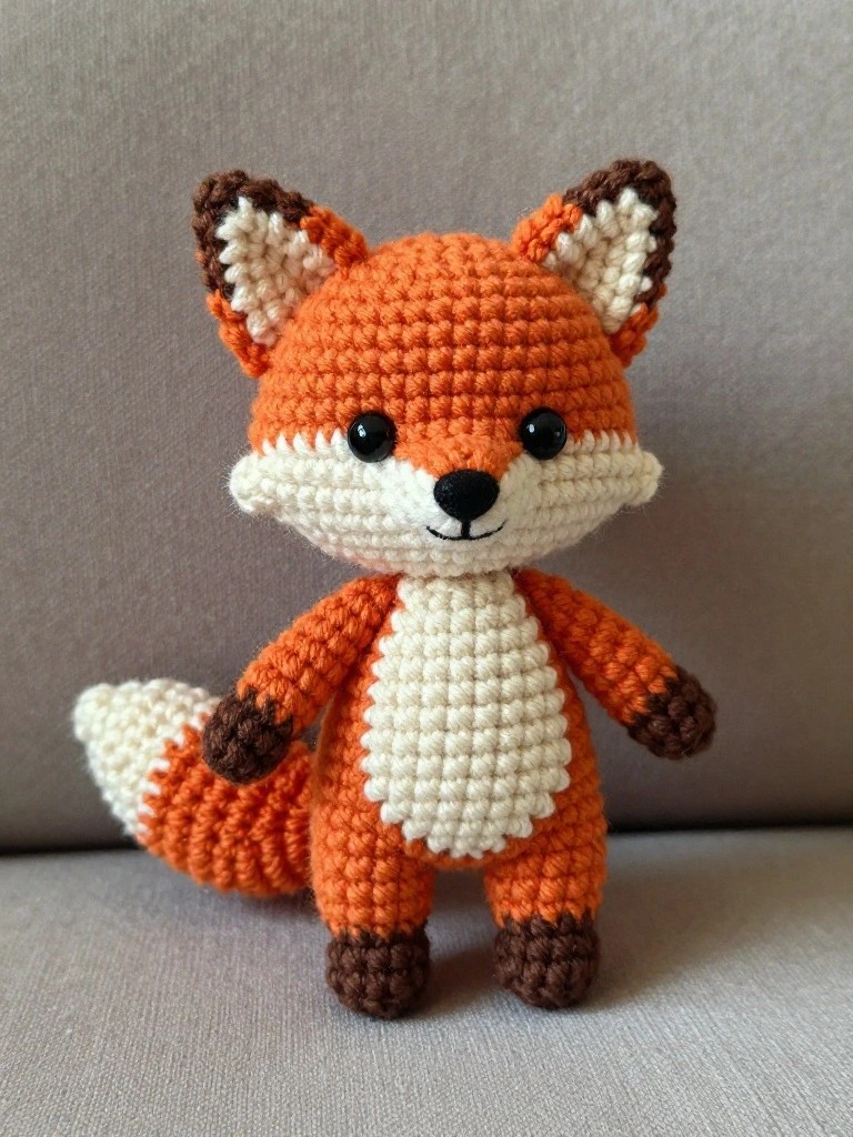 Handmade orange crocheted fox plush toy with white belly and muzzle, brown ear and paw accents, big eyes, and bushy tail on a neutral background.