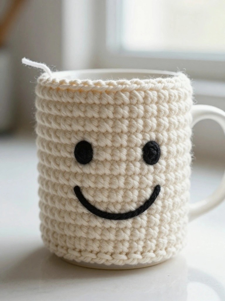 White ceramic mug with a cream crocheted cozy featuring a black stitched smiley face, handle exposed, on a light surface near a window.