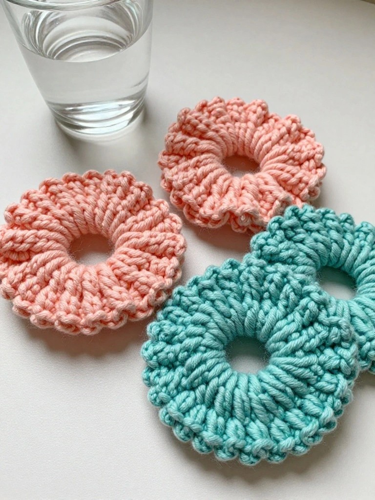 Four crocheted scrunchies in coral and teal with ruffled textures arranged beside a glass of water on a white surface.
