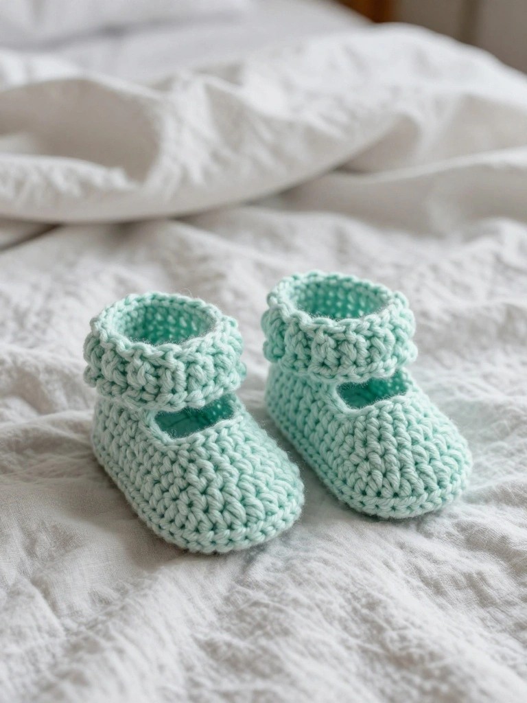 Pair of mint green crochet baby booties with bumpy textured stitches, ruffled cuffs, and buckle straps, displayed on a white bed.