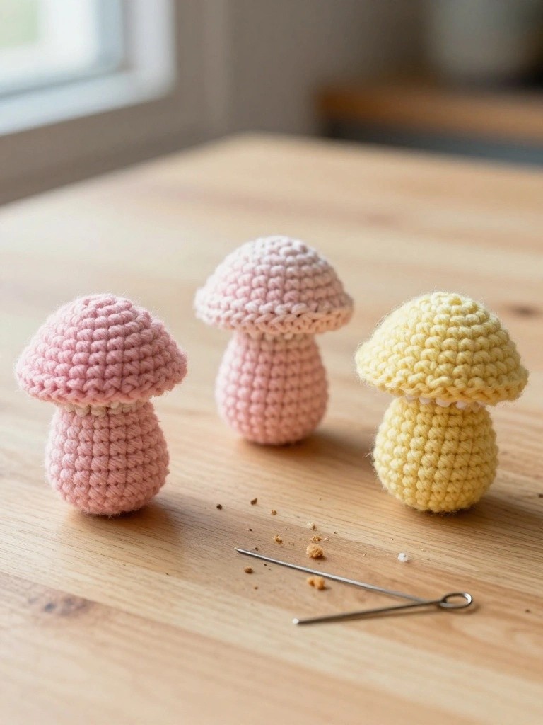 Three handmade crocheted mushrooms in pink and yellow on a wooden table next to yarn bits and needles.