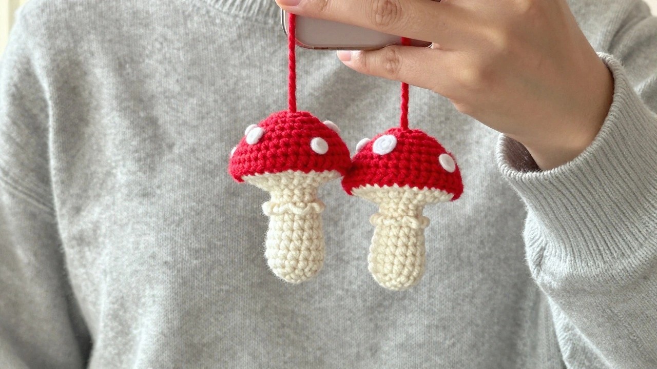 Crocheted red mushroom with white spots and tiny matching baby mushroom on a keyring, draped over a gray sweater.