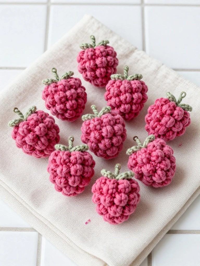 Eight small crocheted pink raspberries with green leaf tops arranged in a cluster on a white cloth over white tiles.