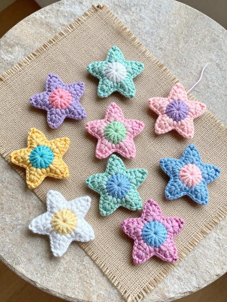 Close-up of eight small pastel crocheted stars in shades of purple, green, white, yellow, pink, blue, and teal arranged on a beige fabric placemat atop a wooden table.