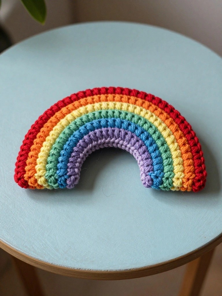 Crocheted rainbow arch in red, orange, yellow, green, blue, and purple stripes on a turquoise table.