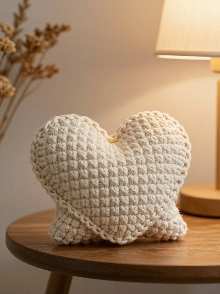 Creamy white crocheted heart pillow with textured stitches on a wooden table beside dried pampas grass and a lamp.