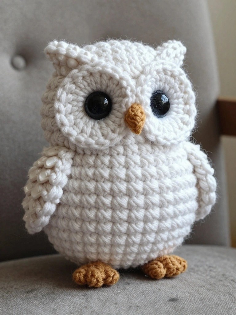 A small plush crocheted owl in white yarn with black eyes, orange beak, and orange feet sits on a gray upholstered chair.