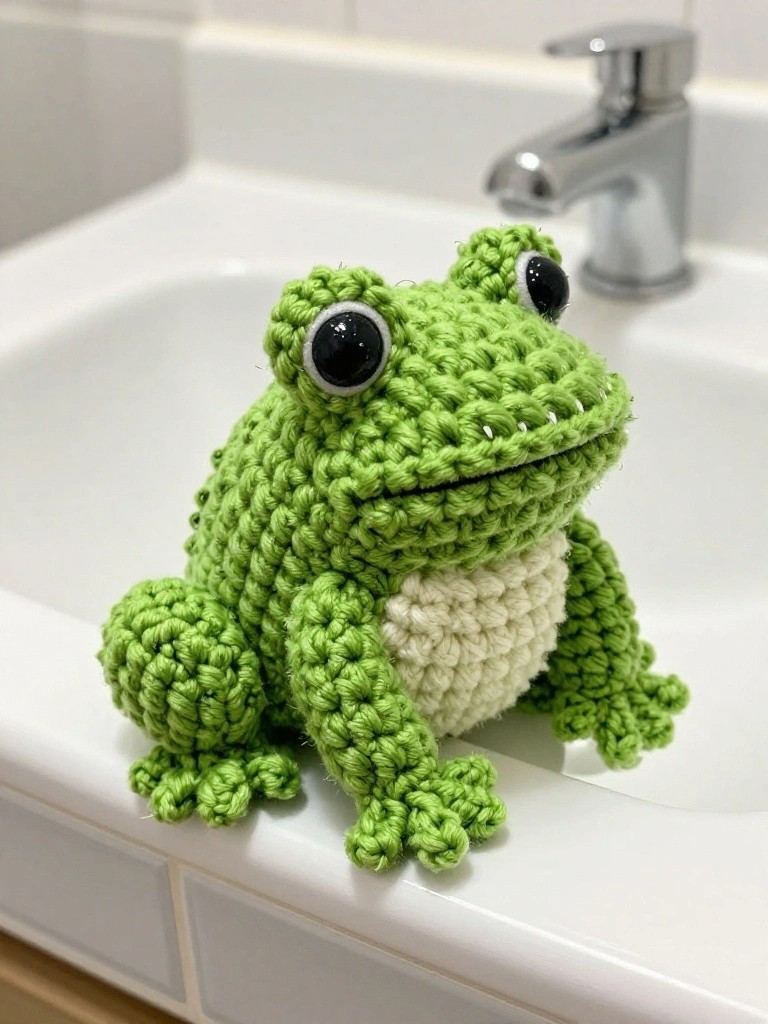 A crocheted green frog with big black eyes, white belly, and textured stitches sits on the edge of a white bathroom sink beside a chrome faucet.