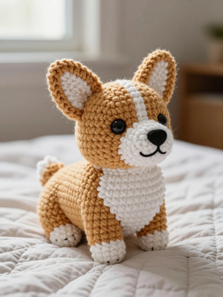 Crocheted tan corgi plush toy with white accents sits on a bed, featuring floppy ears, big eyes, and a black nose.