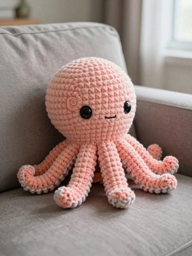 A handmade pink crocheted octopus plush toy with white-tipped tentacles and big smiling eyes sits on a gray couch against a window.