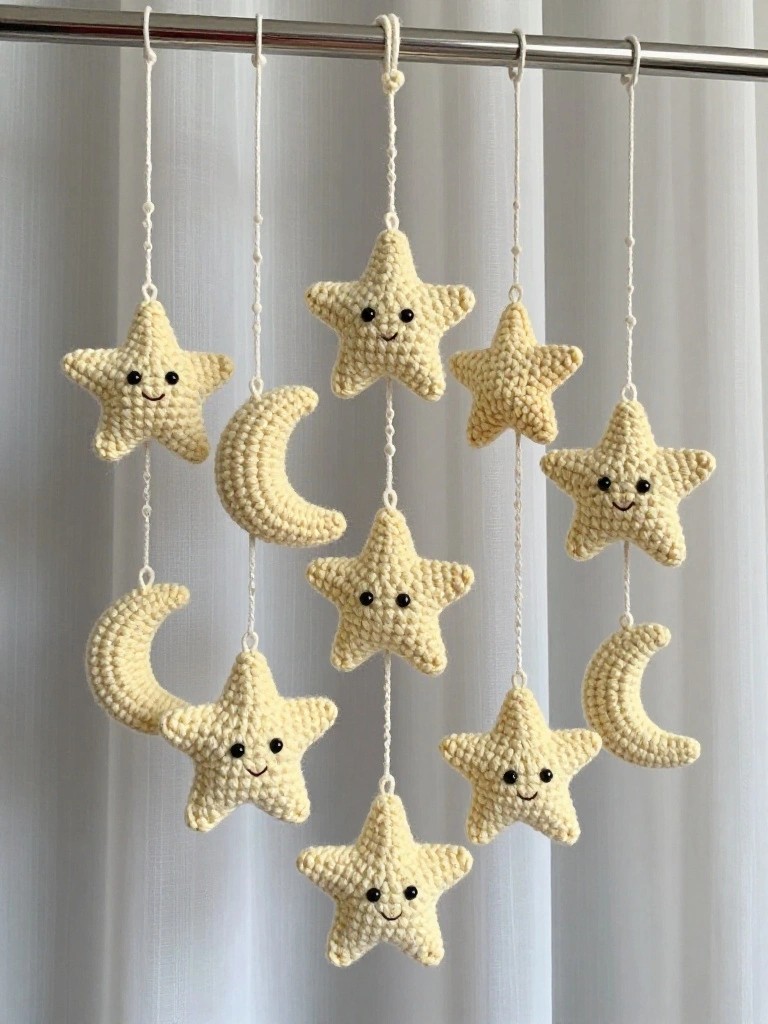 Cream-colored crocheted stars with smiling faces and crescent moons hanging from strings on a curtain rod in a clustered mobile design.