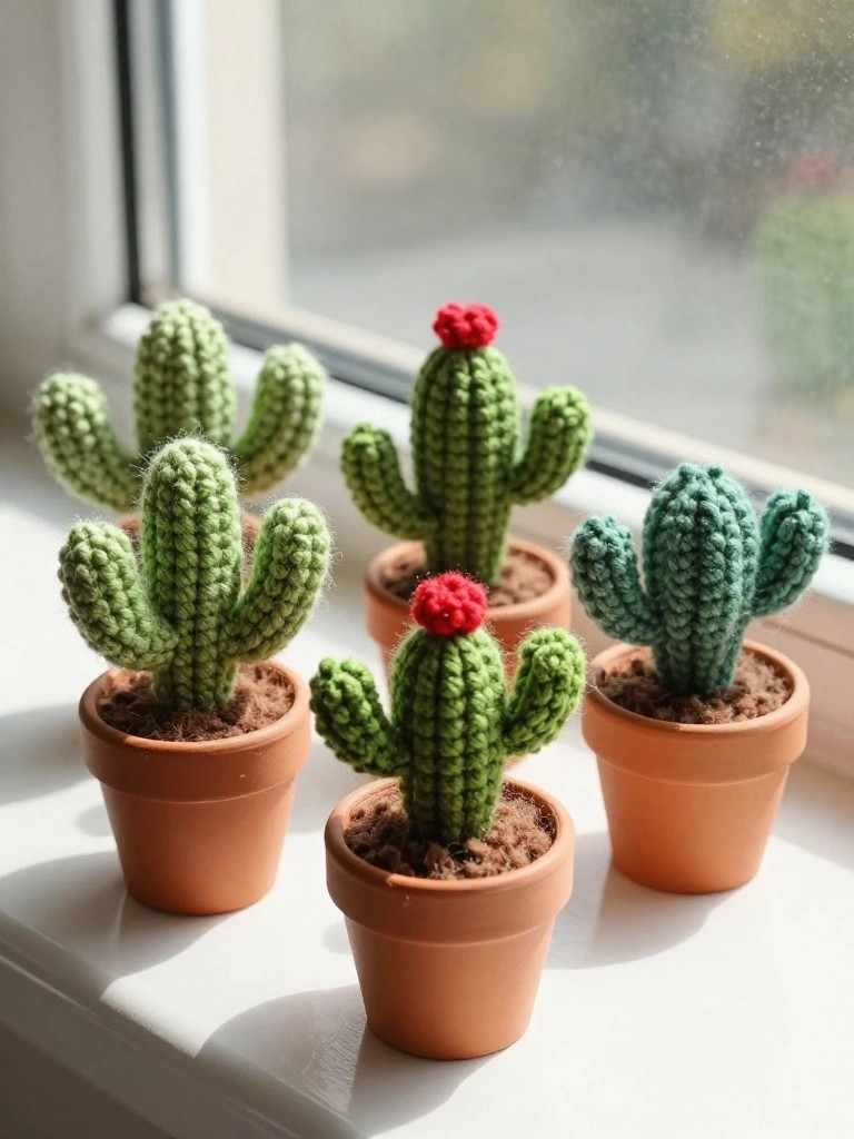 Five small crocheted cacti in shades of green with red flower accents sit in terracotta pots on a sunlit windowsill.