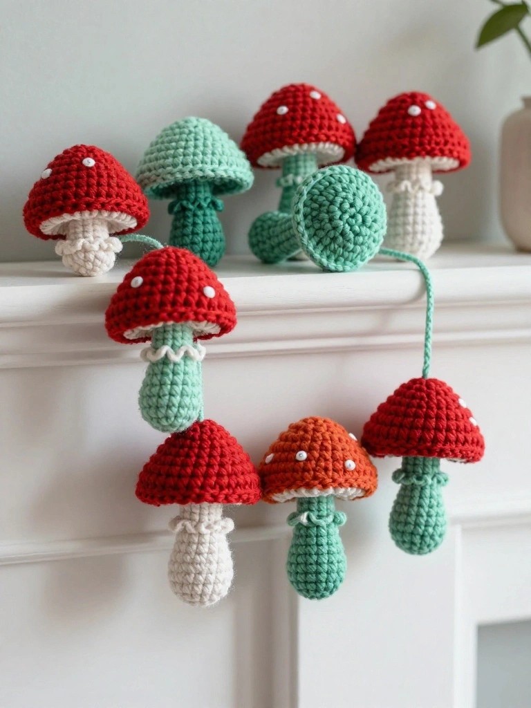 A string of small crocheted mushrooms in reds, greens, oranges, and whites dangles from a white mantelpiece, surrounded by houseplants.