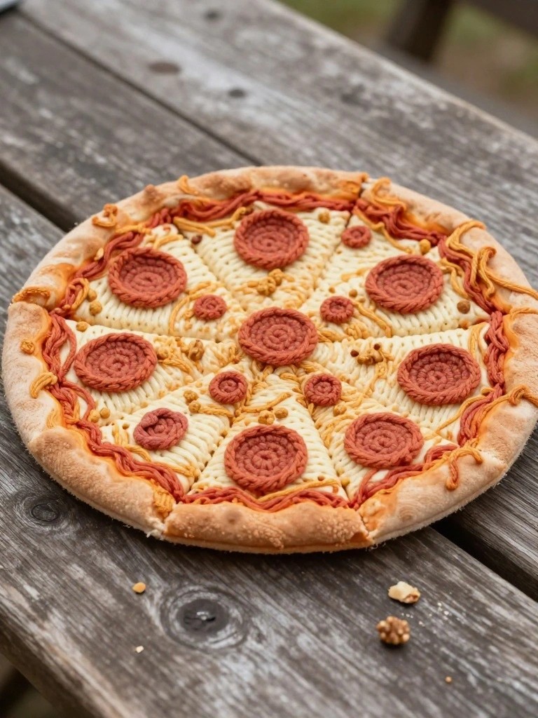 A detailed crocheted pizza with brown crust, yellow looped cheese, and red pepperoni slices on a wooden picnic table outdoors.