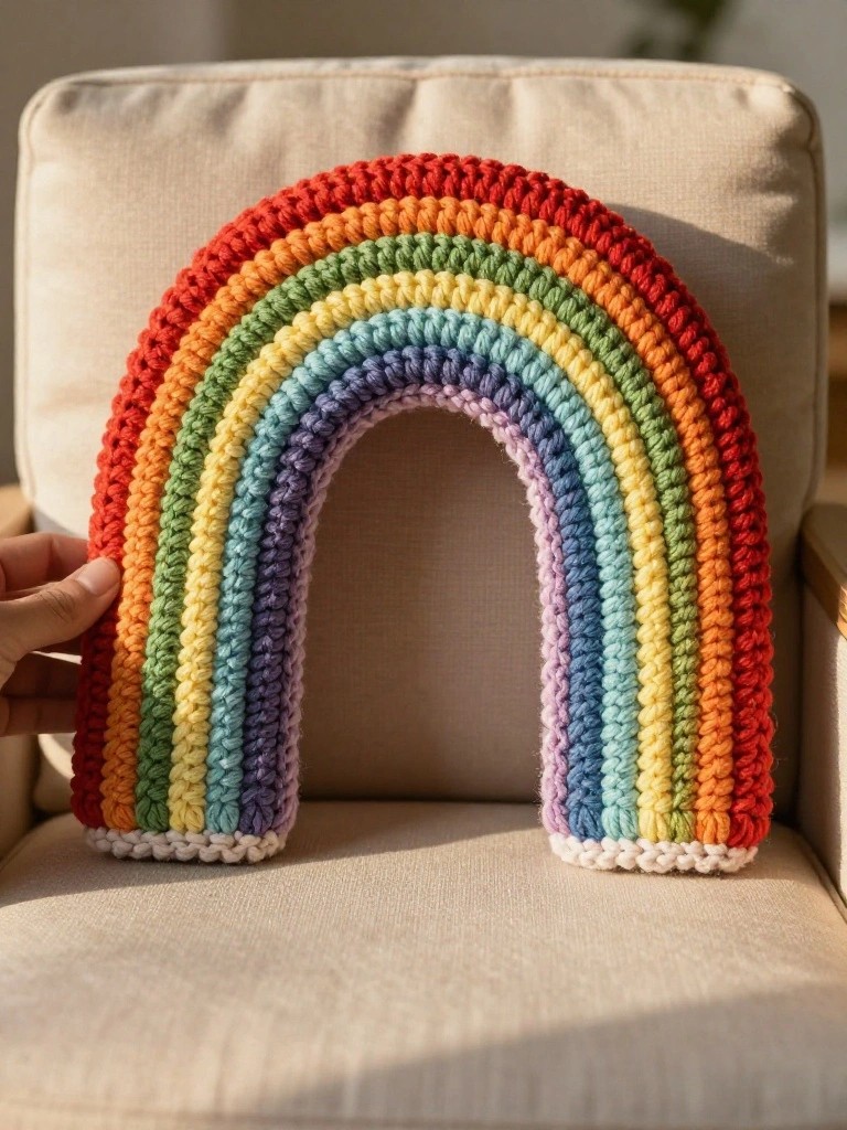 Crocheted rainbow arch pillow in thick multicolored yarn sits on a beige couch with a hand holding one end.