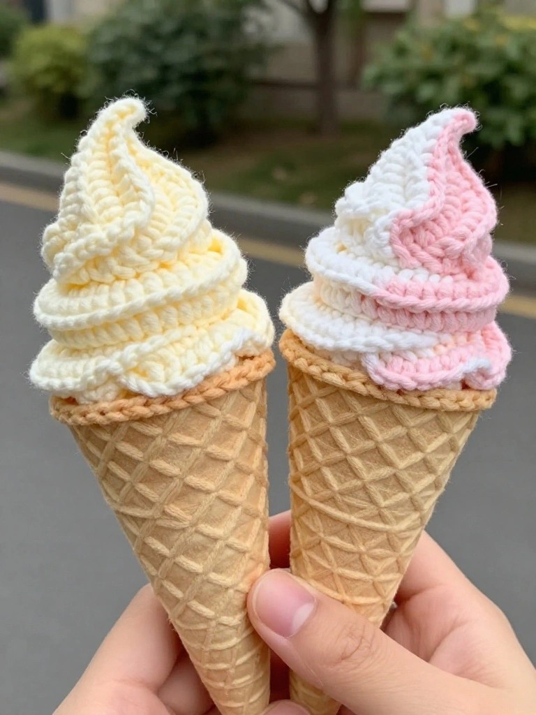 Two handmade crocheted ice cream cones held in hands outdoors, featuring a pale yellow soft serve swirl and a white one tipped in pink, both on tan waffle cone bases.