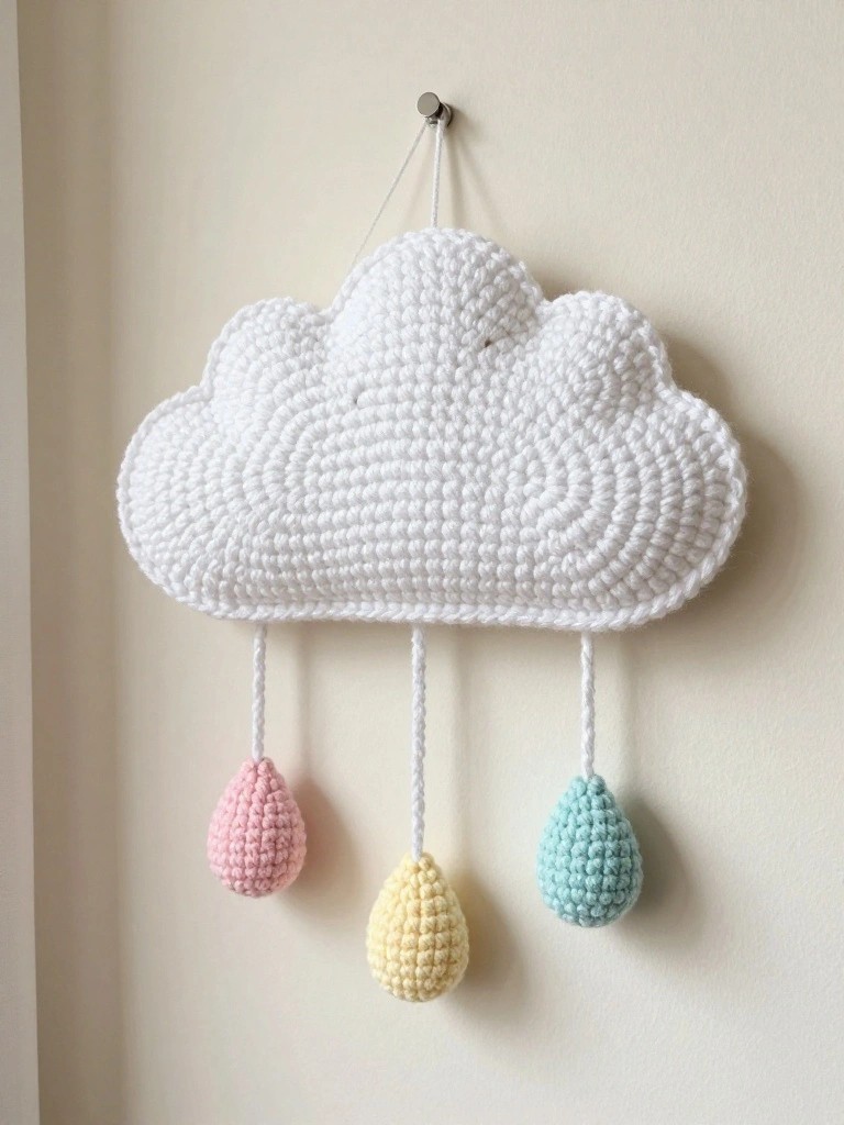 White crocheted cloud hanging from a wall hook with three small pastel pink, yellow, and teal egg shapes dangling on cords below