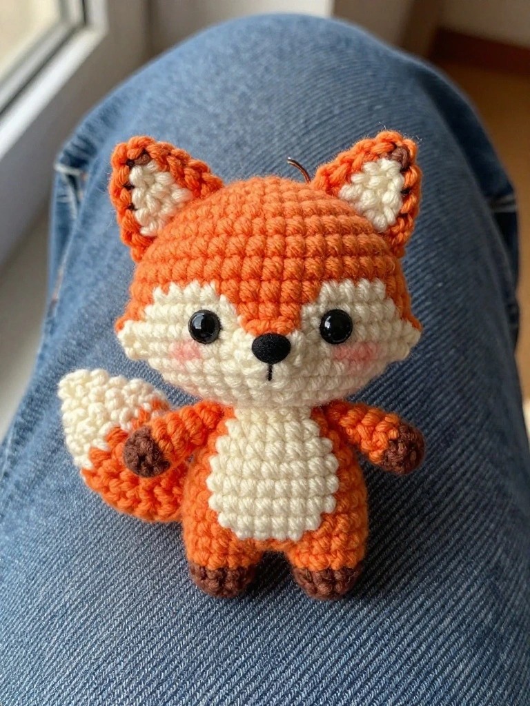 Small crocheted orange fox plush with white muzzle and belly accents, black eyes, brown paws, and fluffy tail sitting on blue jeans.