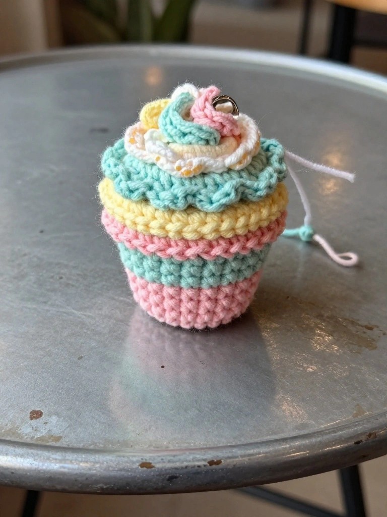 Handmade crocheted cupcake ornament with pink, yellow, and teal striped base, multicolored swirled frosting, silver bell topper, and pink hanging cord on a teal metal table.