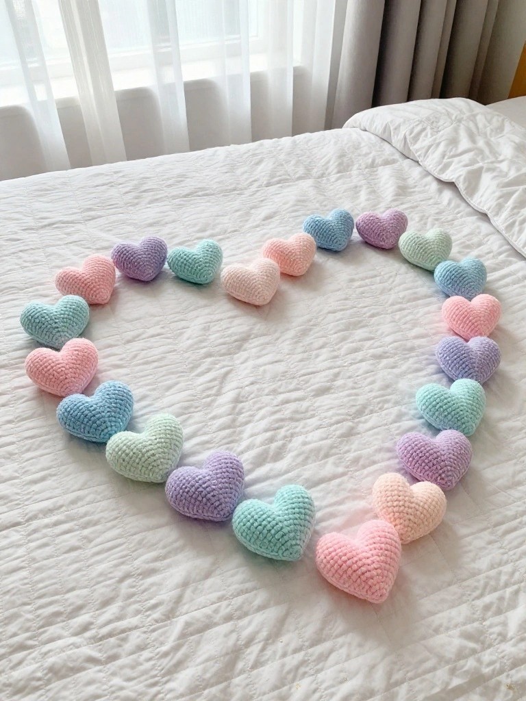 Pastel pink, lavender, mint, and blue crocheted hearts arranged in a large heart shape on a white bed.