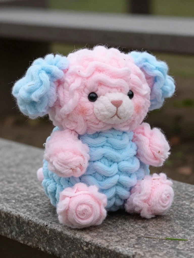 Crocheted pink and blue fluffy puppy plush with curly texture, rose-tipped ears, and big eyes sitting on an outdoor stone bench