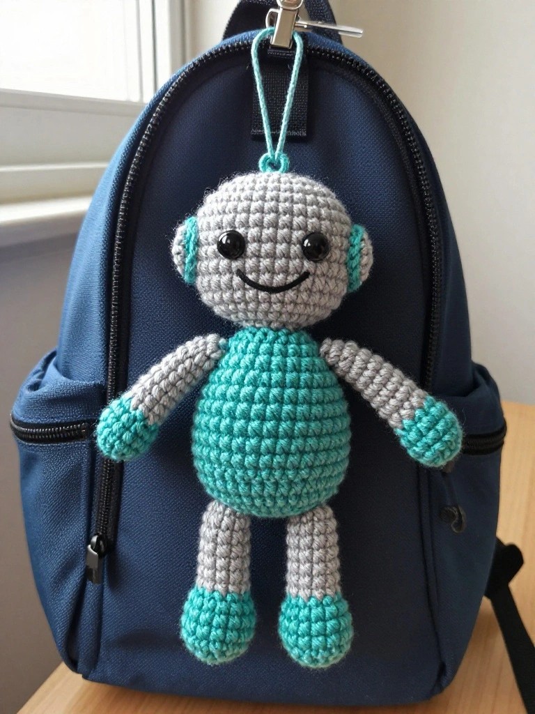 A teal and gray crocheted robot with big eyes and a smile hangs from a clip on a navy blue backpack strap.