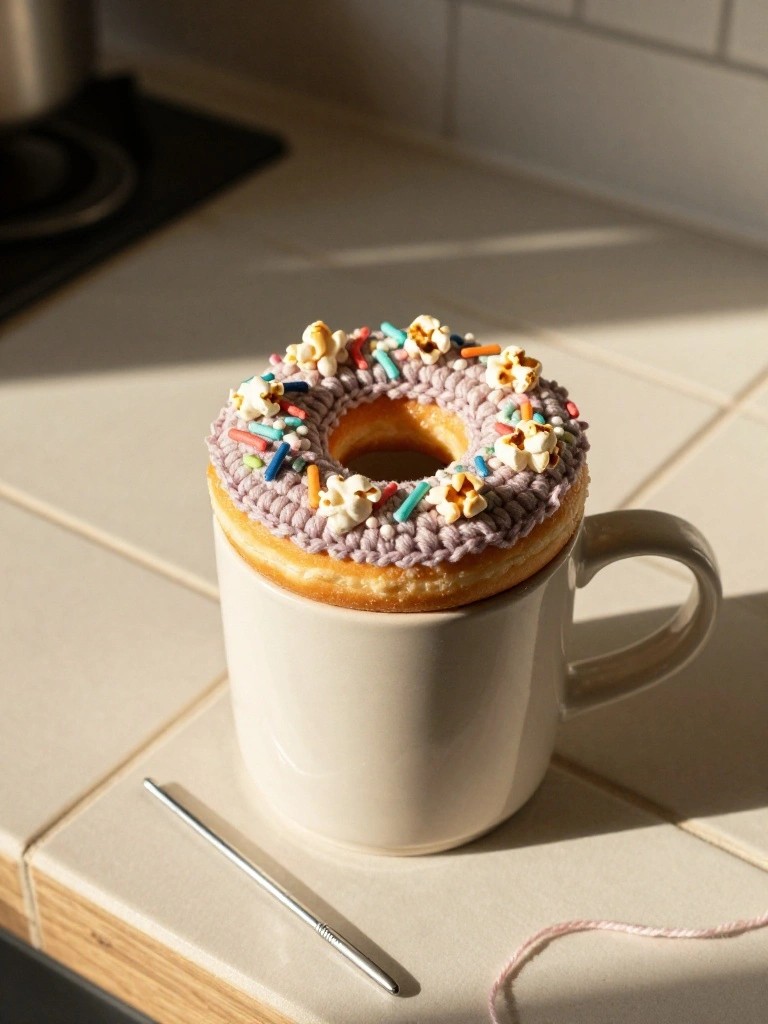 Crocheted lavender donut with colorful sprinkles and popcorn toppings perched on a white mug rim next to a crochet hook on a kitchen counter
