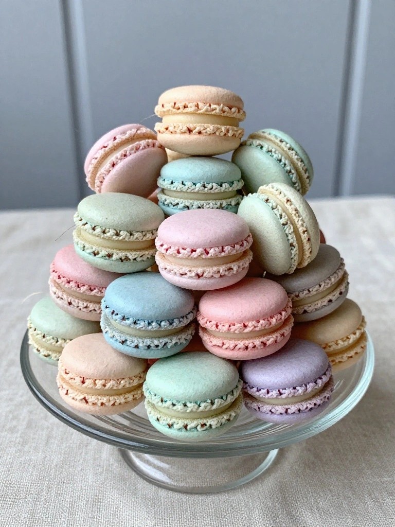 Pyramid stack of tiny crocheted macarons in pastel pinks, blues, greens, and lavenders on a glass stand