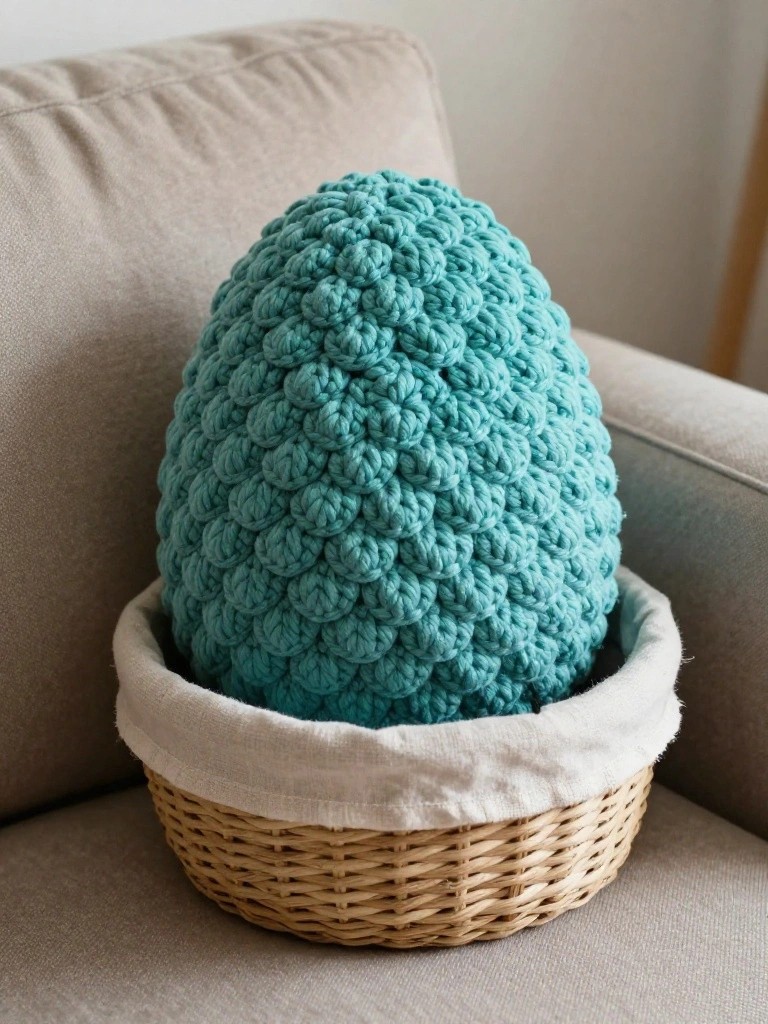 A large teal crocheted egg with bumpy texture sits in a white-lined woven basket on a beige couch.