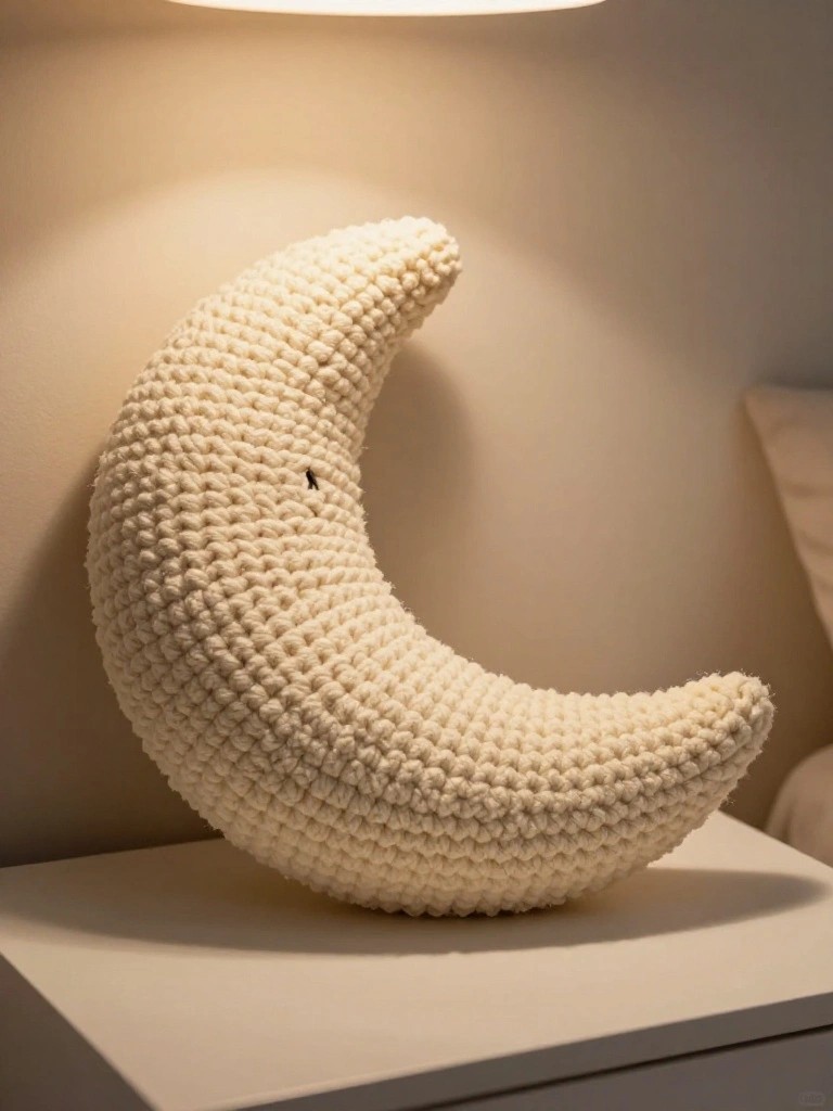 Plush white crocheted crescent moon pillow with bumpy texture and a single black eye dot, propped on a white dresser beside a bed in soft lighting.